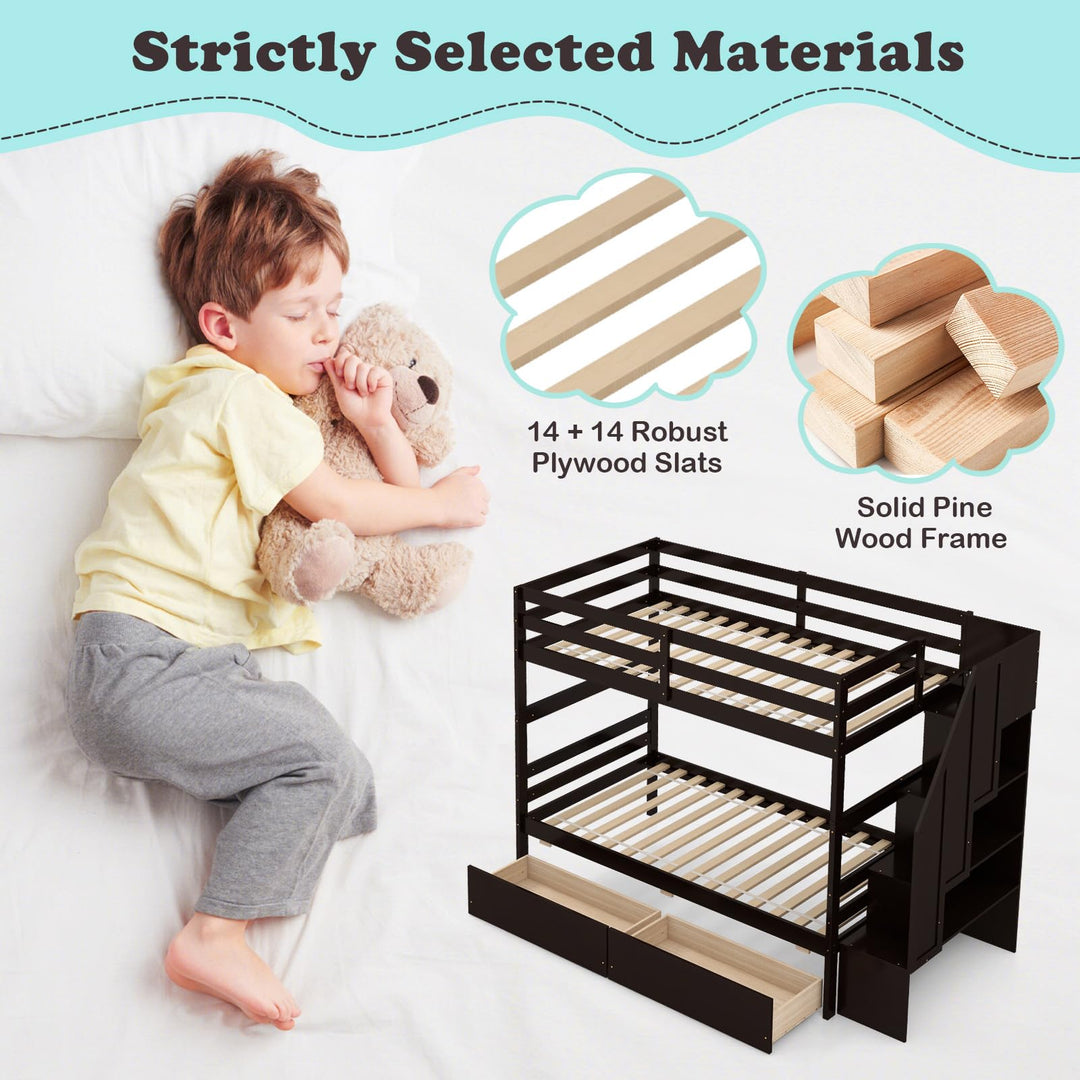Giantex Bunk Bed Twin Over Twin with Storage Stairs &amp; Drawers, Solid Wood Bunk Bed with Full-Length Guardrails