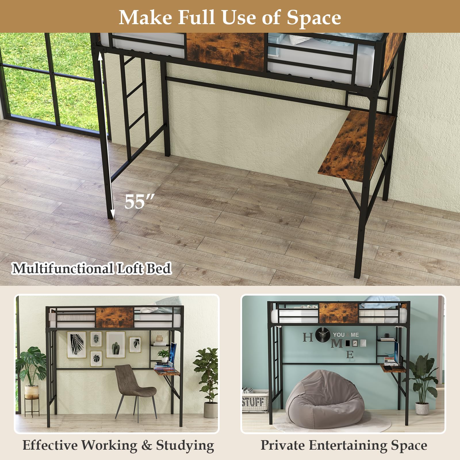 Giantex Metal Twin Loft Bed with Desk and Storage Shelf