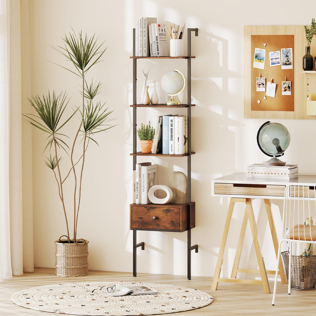 Giantex 5-Tier Ladder Bookcase with Drawer 70" Tall Wall-Mounted Bookshelf with Metal Frame