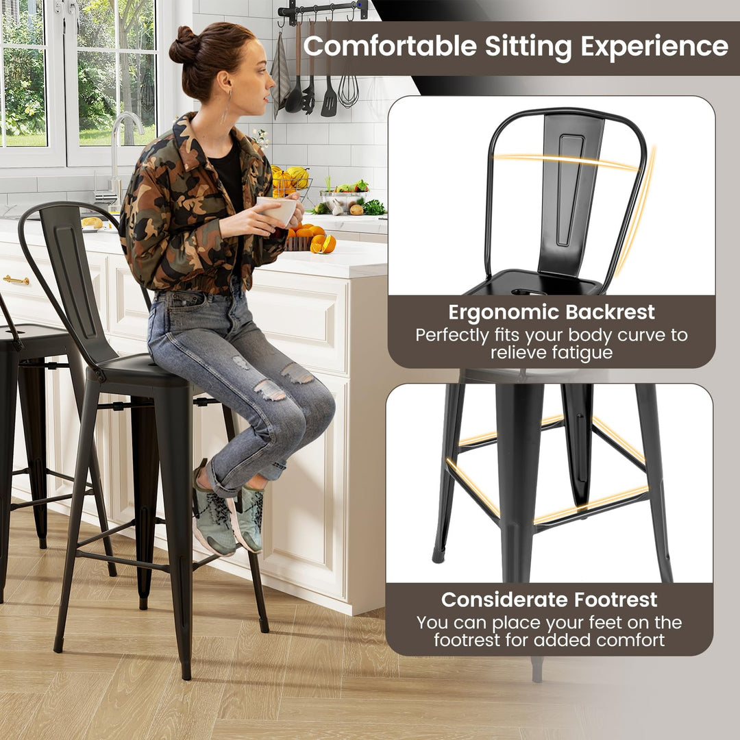 Giantex Metal Bar Stools Set of 4, 30" High Back Bar Height Chairs w/Footrest &amp; Removable Backrest