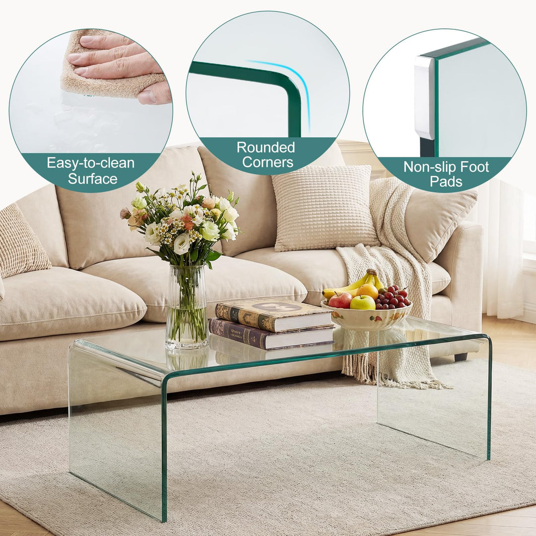 Giantex 40 Inch Clear Center Coffee Table with Tempered Glass Top &amp; Round Edges