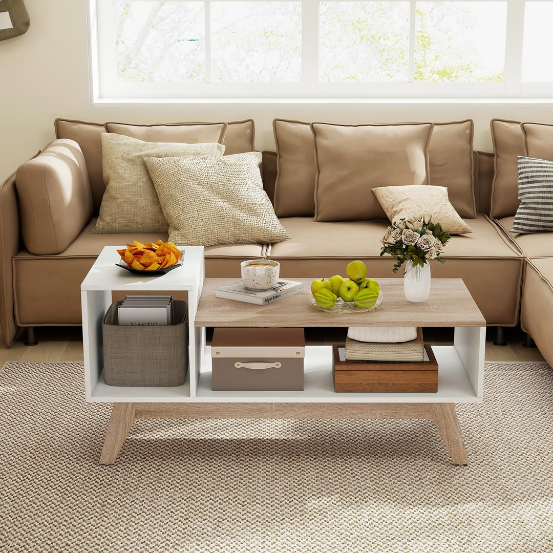 Giantex 2-Tier Coffee Table with Storage Mid Century Modern Center Table