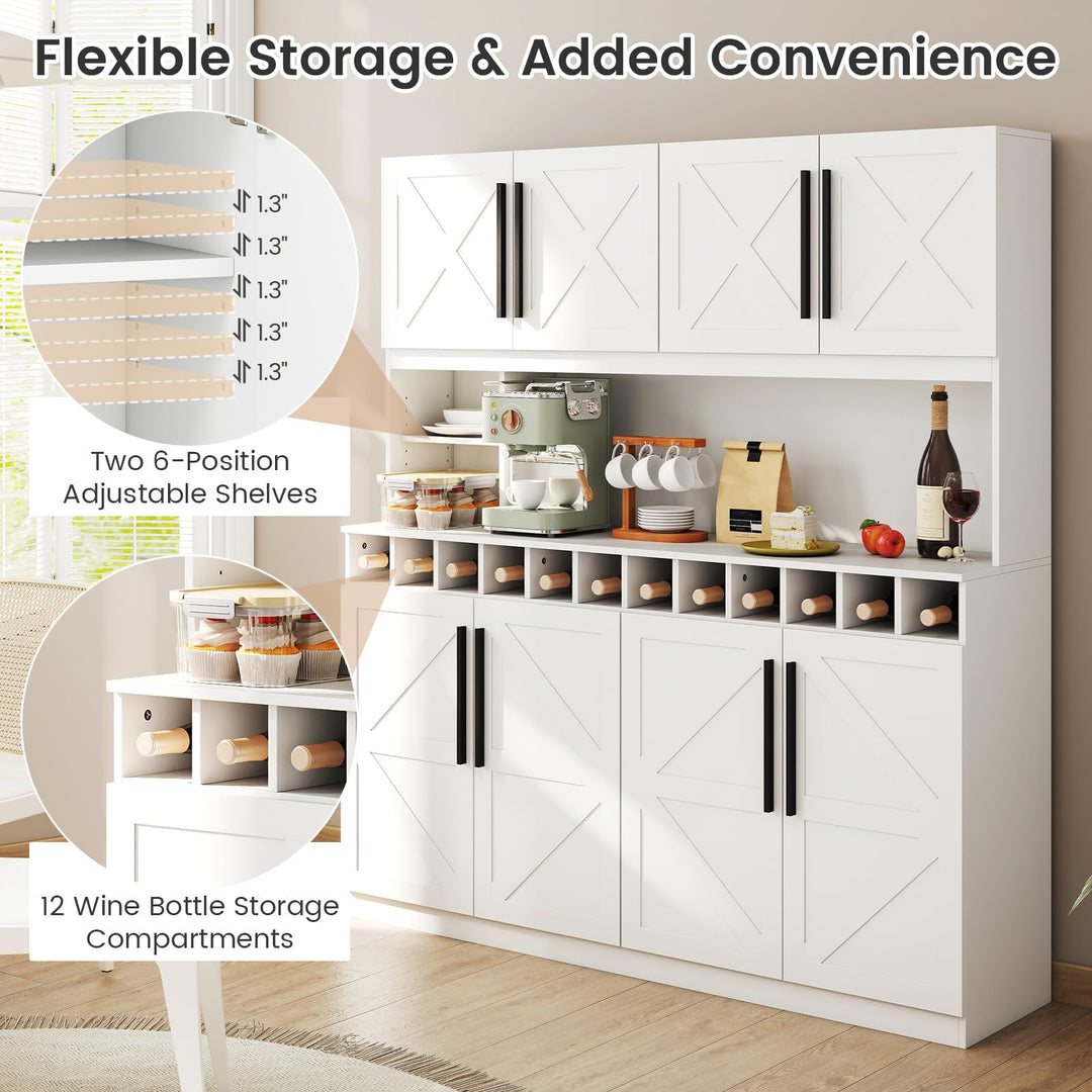 70 Inch Farmhouse Pantry Cabinet Kitchen Buffet Hutch with 4 Cabinets and 2 Open Shelves