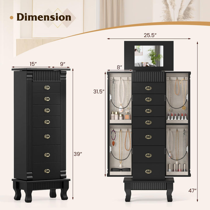 Giantex Standing Jewelry Cabinet with 7 Drawers Flip-Top Mirror 2 Side Doors