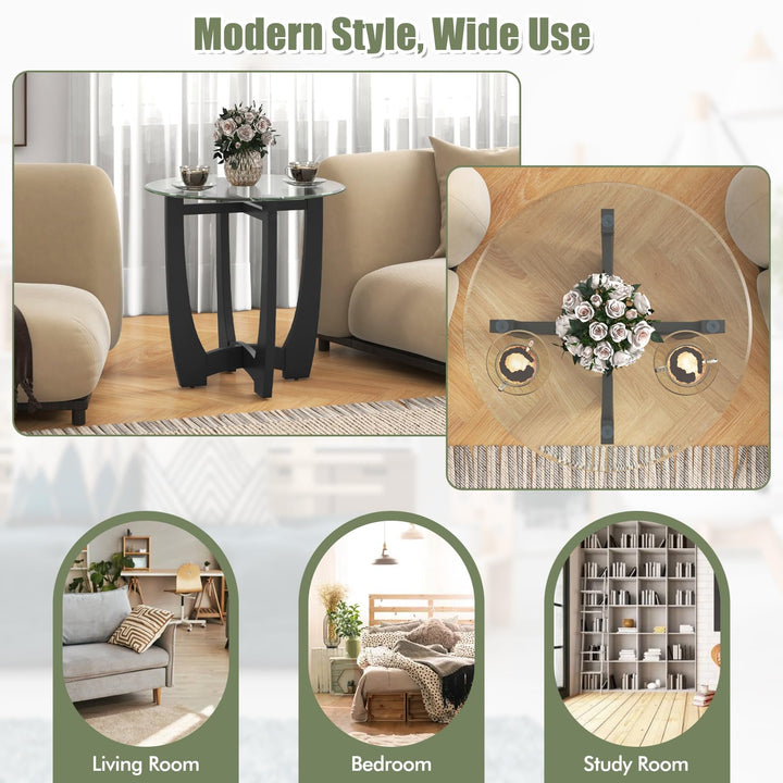 Giantex Glass End Table, Round Side Table with Rubber Wood Frame &amp; Tempered Glass Top, 23.5" Small Black Coffee Table