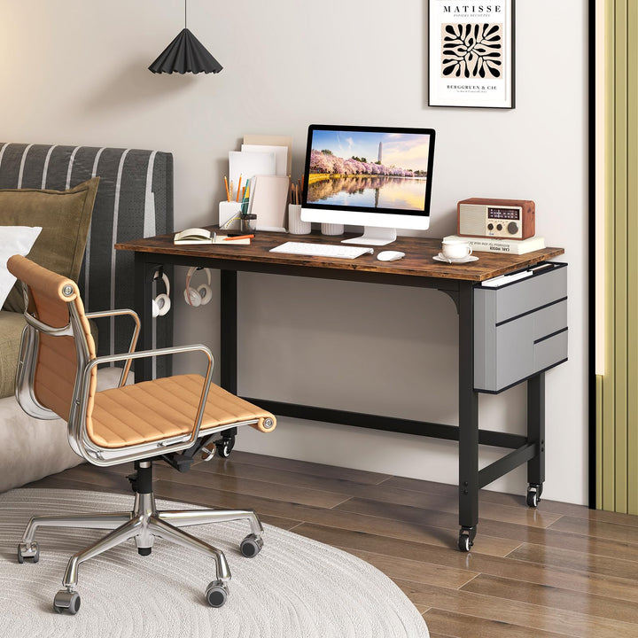 Giantex 48" Rolling Computer Desk, Mobile Study Writing Desk with Wheels &amp; Metal Frame, Simple Style Home Office Work Bench