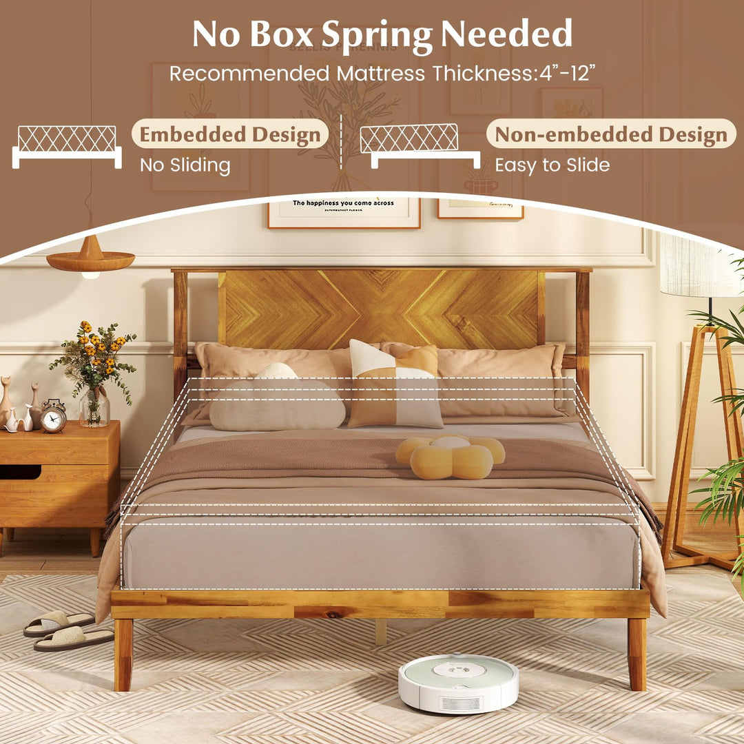 Giantex Queen/Full/Twin Size Acacia Wood Platform Bed Frame Mid-Century Modern Bed Frame with Headboard