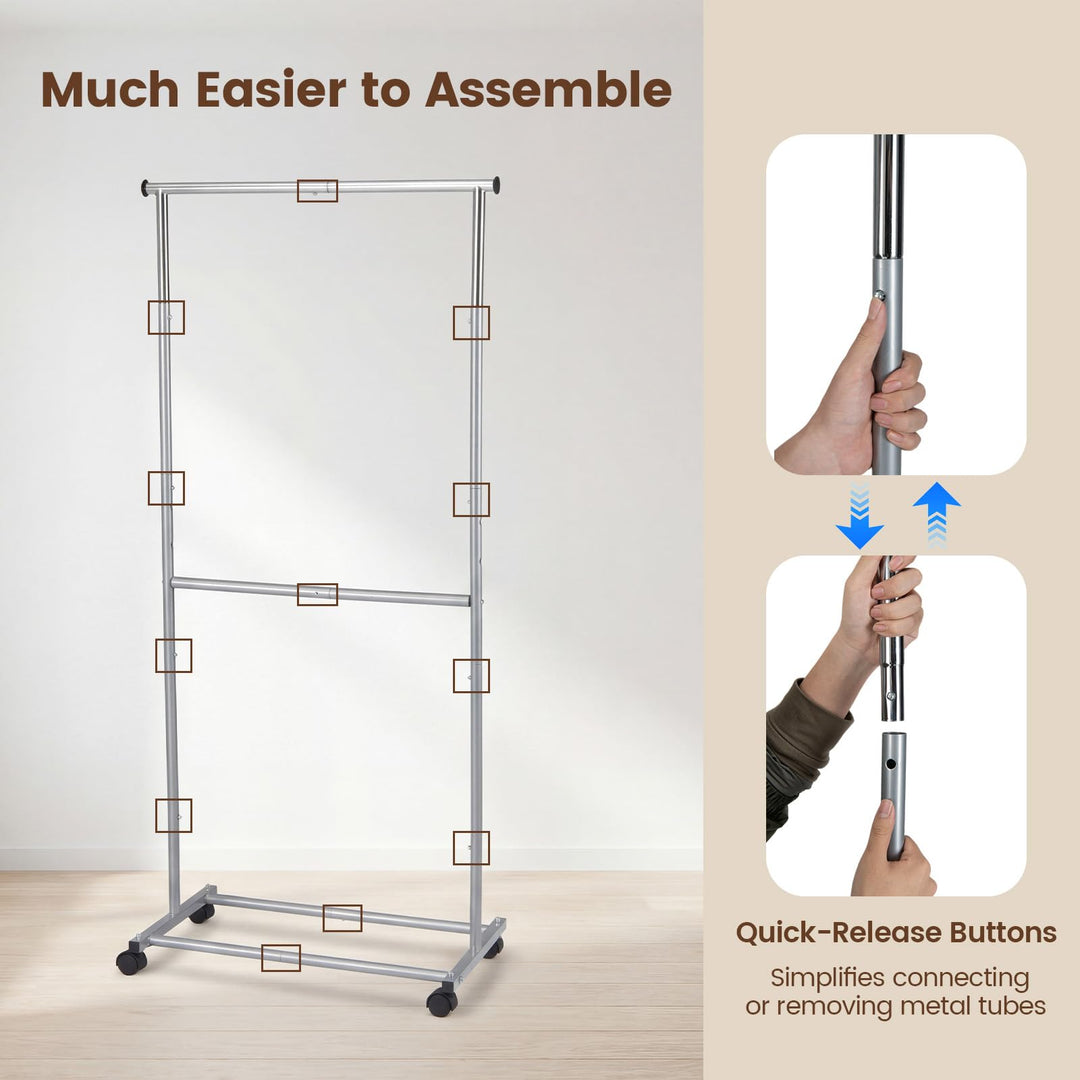 Giantex Extendable Double-Rod Rolling Clothing Rack for Hanging Clothes