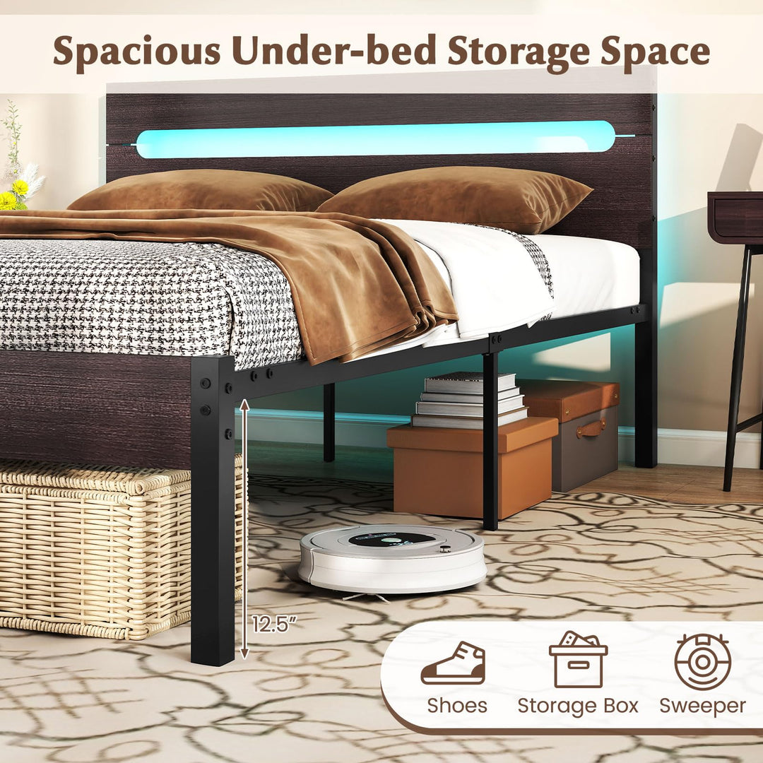Giantex Full Size LED Bed Frame with Charging Station Rustic Metal Platform Bed