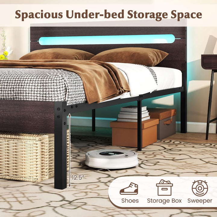 Giantex Full Size LED Bed Frame with Charging Station Rustic Metal Platform Bed