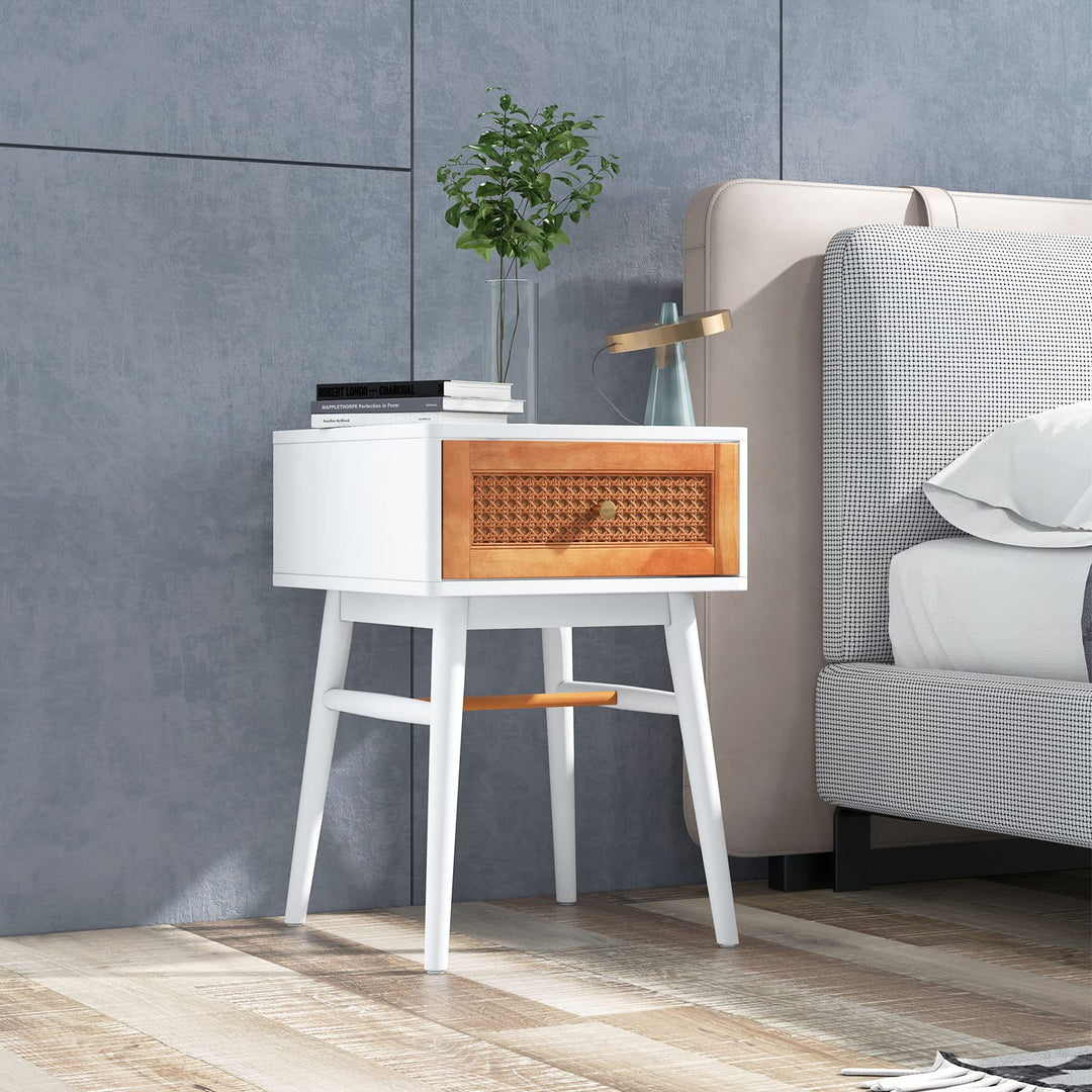 Giantex Rattan Nightstand, Boho End Side Table with Rattan Decorated Storage Drawer &amp; Solid Wood Legs