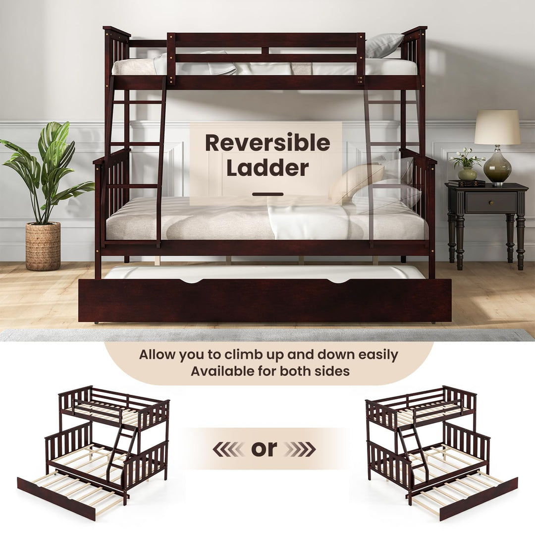 Giantex Twin Over Full Bunk Bed with Trundle, Reversible Ladder &amp; Safety Guardrails