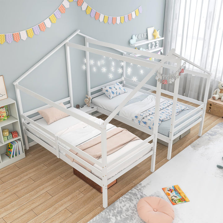 Giantex Double Twin Bed Frames for Kids, Wood House Shaped Platform with Built-in Nightstand &amp; USB Port