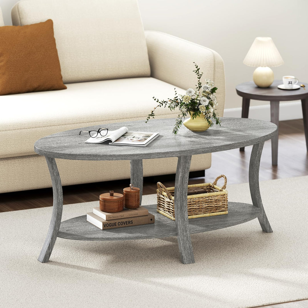 Giantex 44 Inch Oval Coffee Table 2-Tier Center Table with Storage Shelf &amp; Rubber Wood Frame