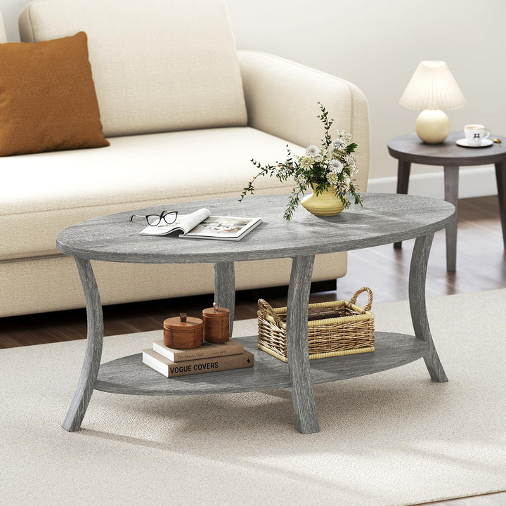 Giantex 44 Inch Oval Coffee Table 2-Tier Center Table with Storage Shelf &amp; Rubber Wood Frame