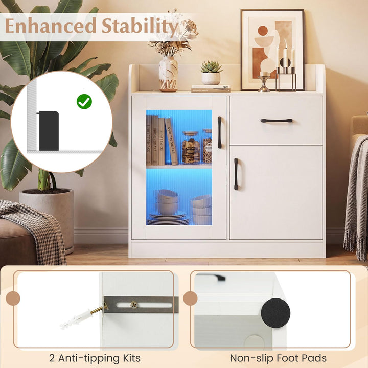 Giantex RGB LED Buffet Sideboard | White Kitchen Storage Cabinet with Charging Station