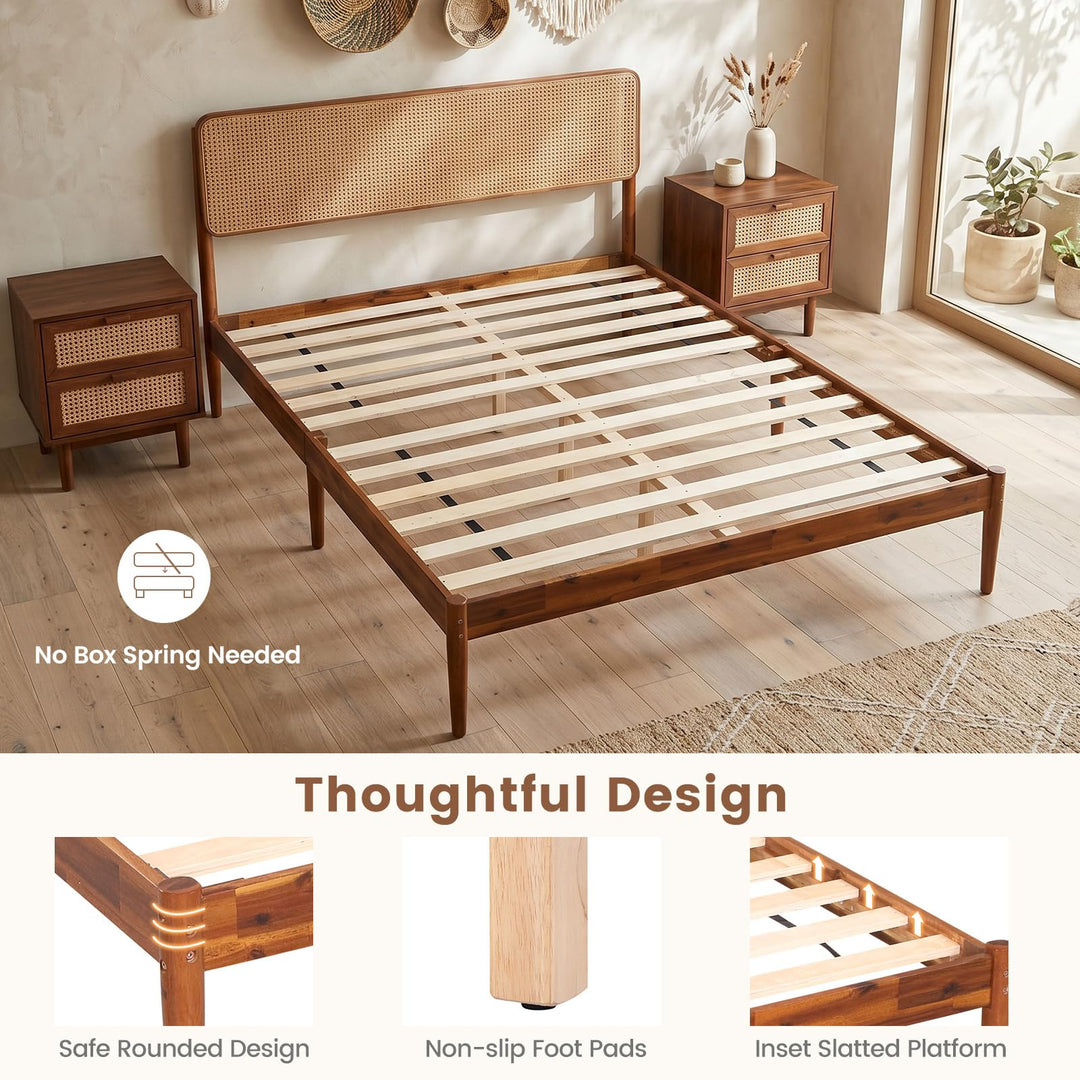 Giantex Wooden Bed Frame Full/Twin/Queen Size with Rattan Headboard