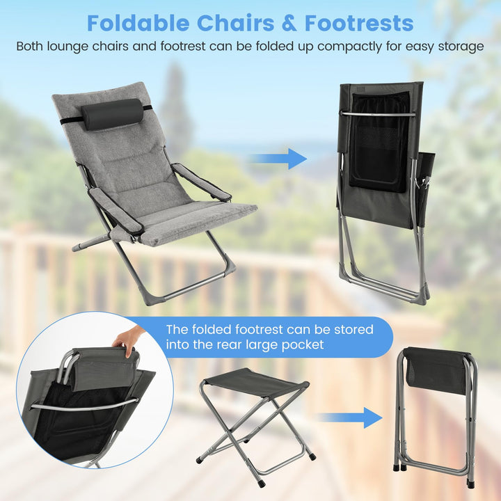 Giantex 5-Piece Patio Bistro Set, Folding Lounge Chairs with Footrest Stool &amp; Side Table, Removable Cushion
