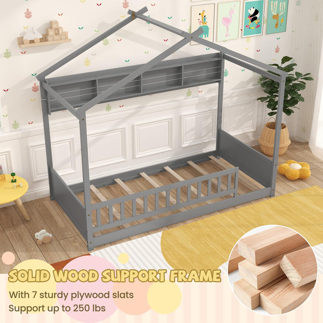 Giantex Twin Floor House Bed with Storage Shelf, Wood Twin Bed Frames with Headboard &amp; Guardrail