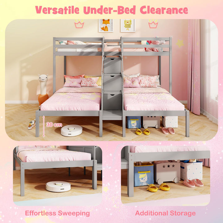 Giantex Twin Over Twin &amp; Twin Bunk Bed Triple Bunk Beds with 4-Step Storage Stair