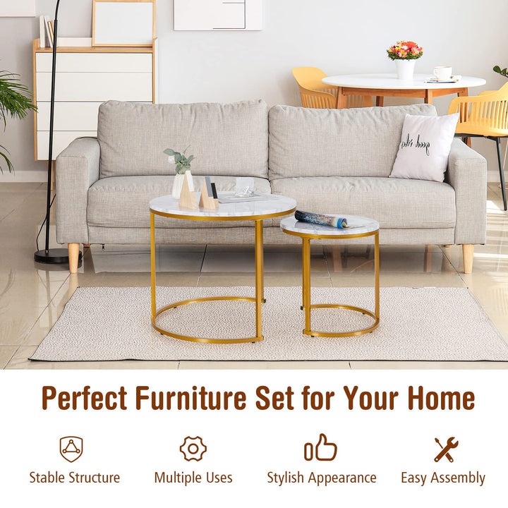 Giantex Nesting Coffee Table Set of 2, Round Stacking Side Tables with Wooden Tabletop &amp; Powder Coated Steel Frame