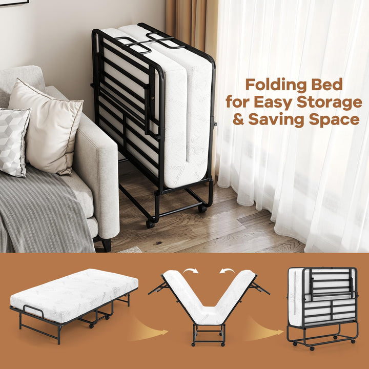 Giantex Twin Folding Bed Frame with 5 Inch Mattress, Portable Rollaway Guest Bed, 75" x 38"