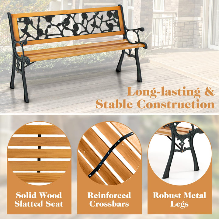 Giantex Outdoor Bench, 3-Person Park Bench with Slatted Seat, Curved Armrests, Floral Pattern Backrest