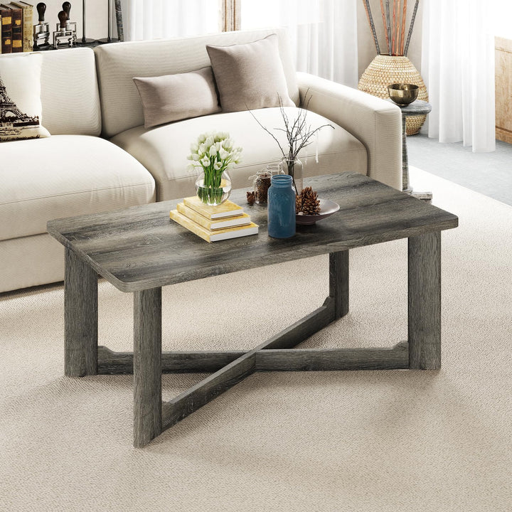 Giantex Farmhouse Wood Coffee Table Rectangle Center Table with X-Shaped Base &amp; Rubber Wood Frame
