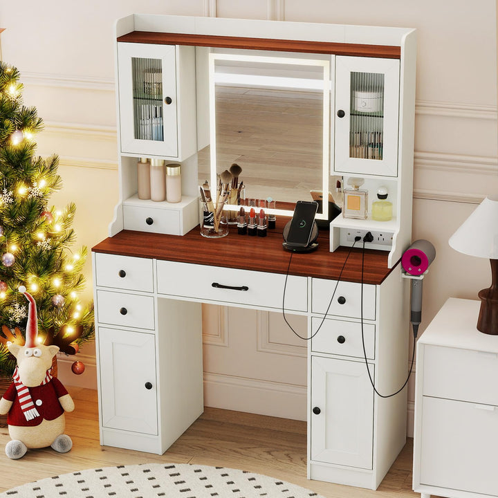 CHARMAID 41.5 Inch Makeup Dressing Table with Power Outlets and 3 Color Lighting Modes