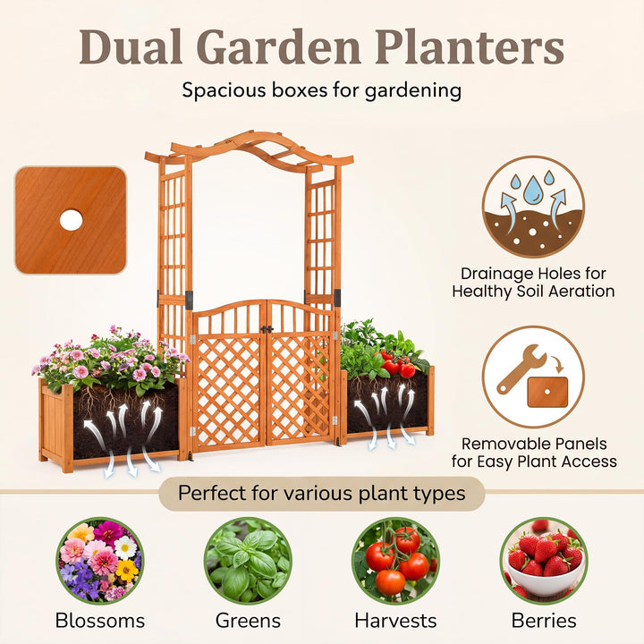 Giantex 83" Wooden Garden Arbor with Gate and 2 Planter Boxes