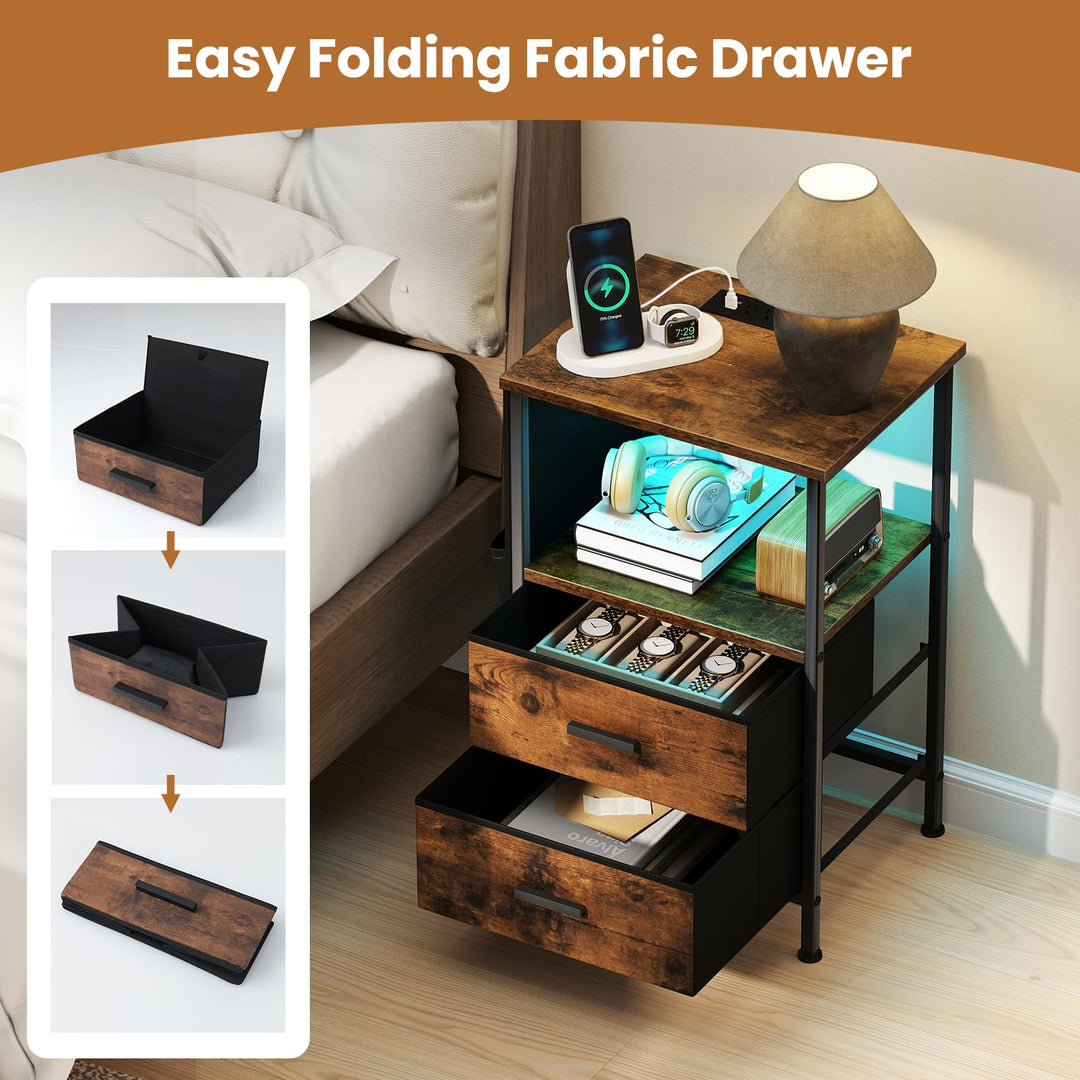 Giantex Night Stand with Charging Station | LED Sofa End Table w/2 Folding Fabric Drawers