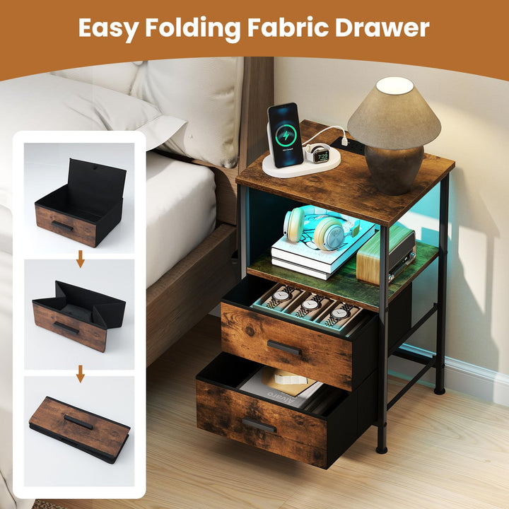 Giantex Night Stand with Charging Station | LED Sofa End Table w/2 Folding Fabric Drawers