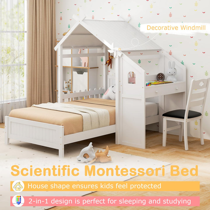 Giantex Twin House Bed with Desk &amp; Chair, Wood Kids Playhouse Bed with 2 Drawers