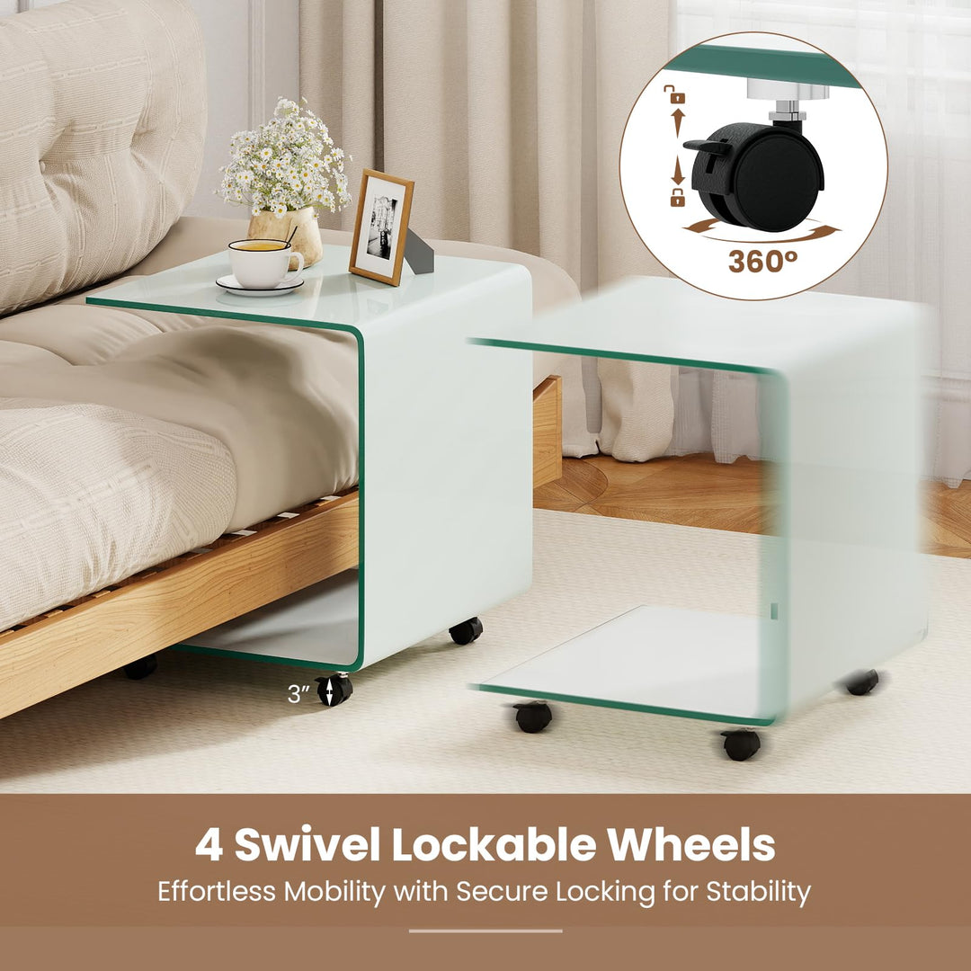 Giantex C-Shaped End Table with Wheels - Mobile Tempered Glass Sofa Couch Side Table w/2-Tier Storage Shelf