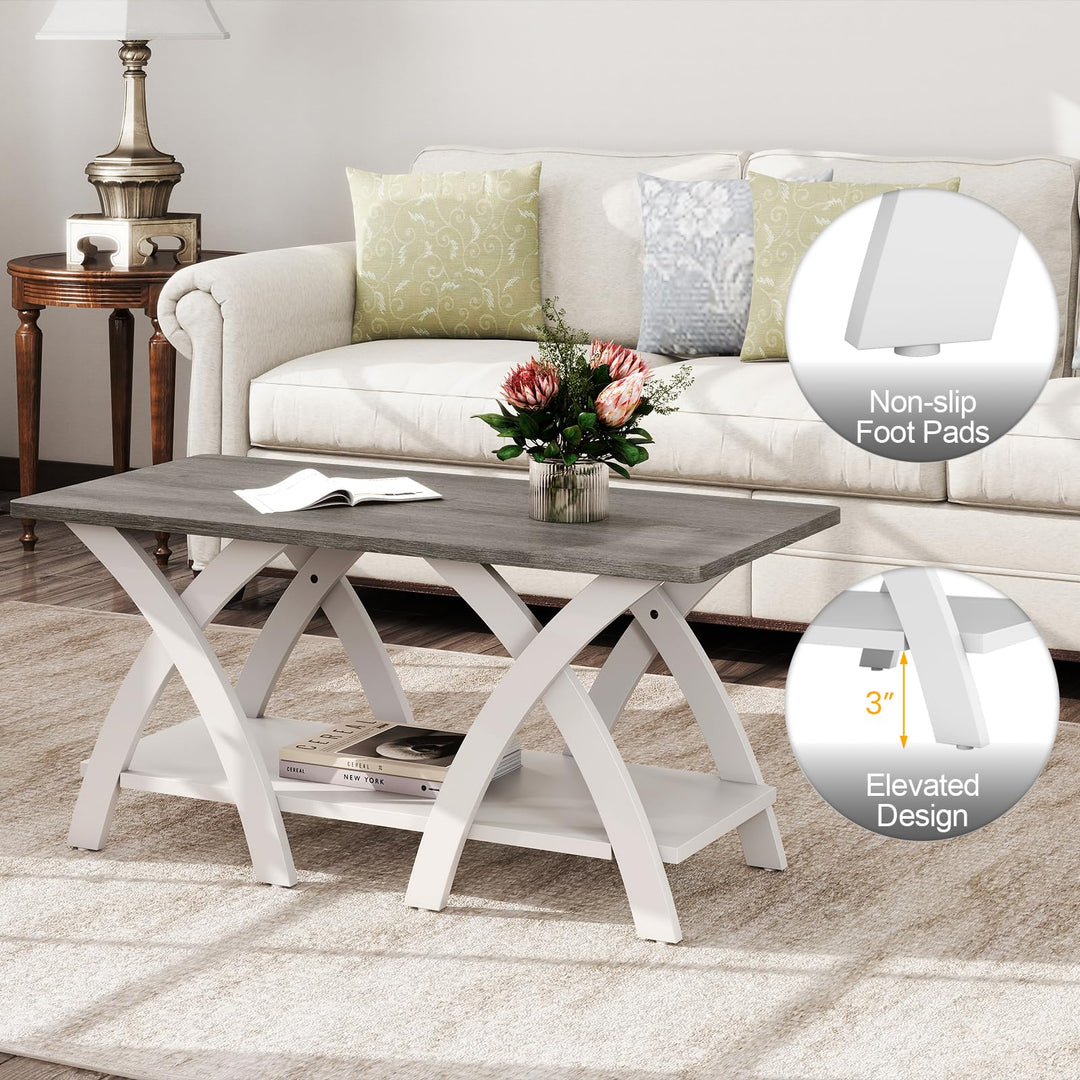 Giantex Farmhouse Coffee Table 2-Tier Wood Center Table with Storage Shelf &amp; X-Shaped Support Legs