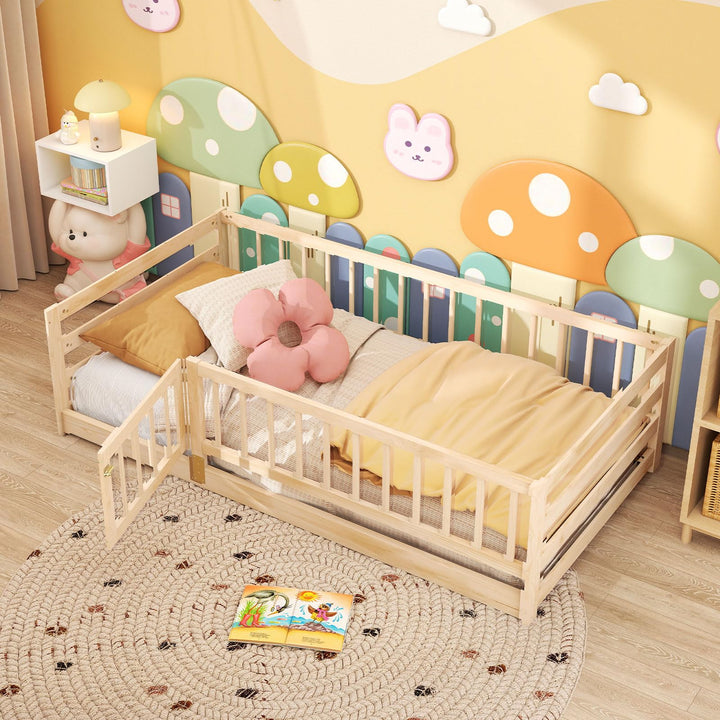 Giantex Twin Floor Bed with High Fence &amp; Door