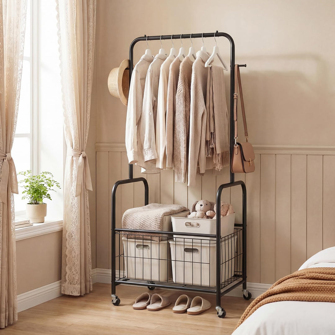 Giantex 35" Clothes Rack with Storage Basket &amp; Lockable Wheels