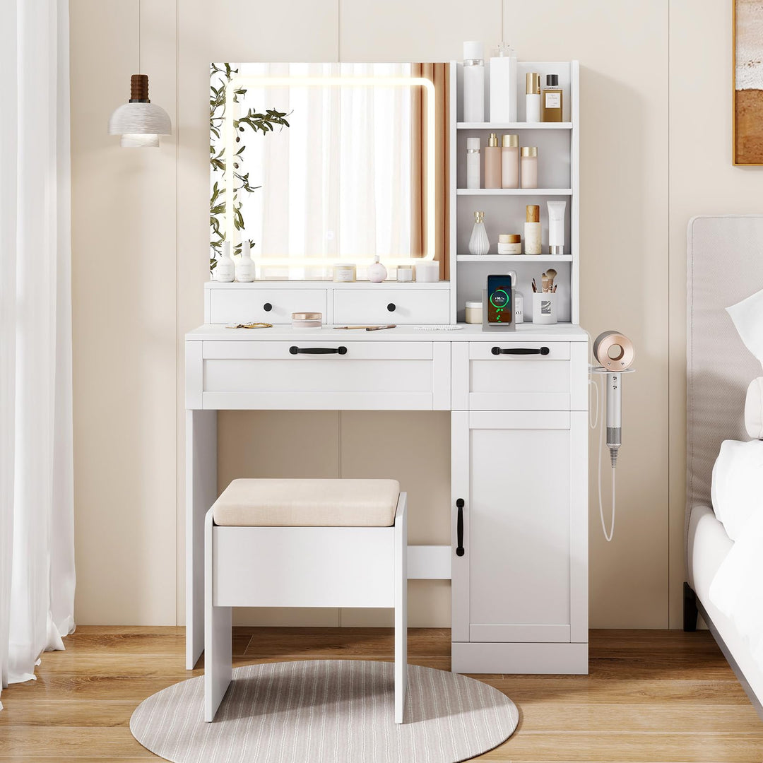 CHARMAID Vanity Desk with Lighted Mirror with Charging Station Storage Stool Drawers Shelves &amp; Cabinet