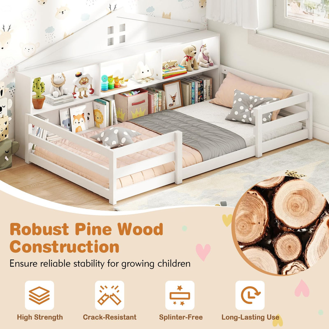 Giantex Montessori Floor Bed with LED Lights 2-in-1 Wooden House Bed Frame with Safety Guardrails