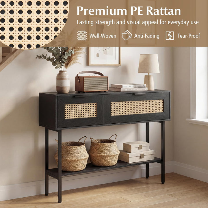 Giantex Rattan Console Table Boho Entryway Table with 2 Storage Cabinets