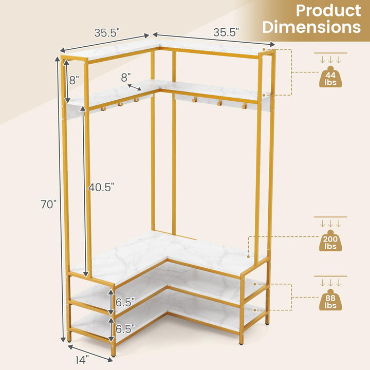 Giantex Corner Coat Rack with Shoe Bench, L-shaped Garment Rack with 5 Shelves &amp; 7 Hooks