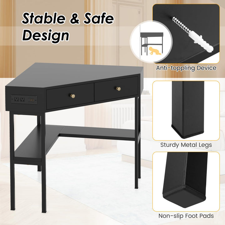 Giantex Corner Desk with Charging Station, 90 Degree Triangle Computer Desk with 2 Drawers &amp; Storage Shelf