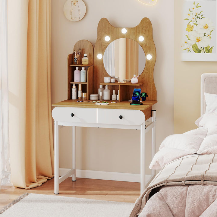 CHARMAID Small Vanity Desk with Mirror and Lights Cute Kitty Makeup Table with Power Outlets