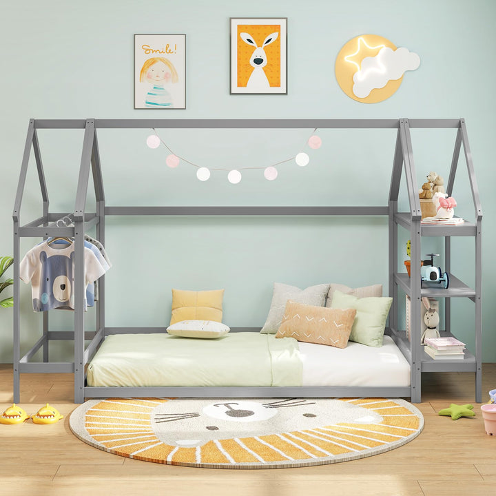 Giantex Twin Floor Bed, Wood Montessori Floor Bed with Detachable 3 Tier Storage Bookshelf &amp; Clothes Rack