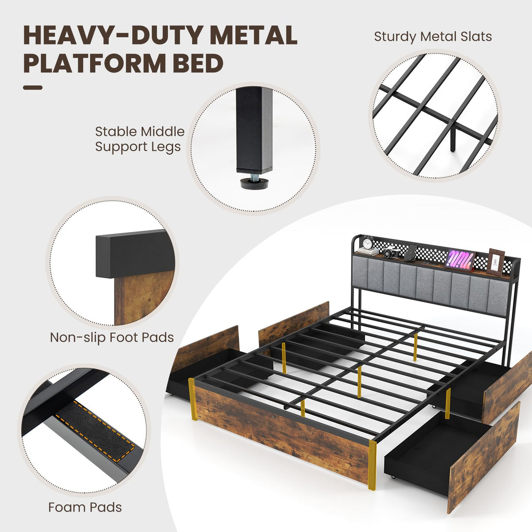 Giantex Queen/Full/Twin Size LED Bed Frame with Charging Station, Metal Platform Bed with Upholstered Headboard &amp; 4 Storage Drawers