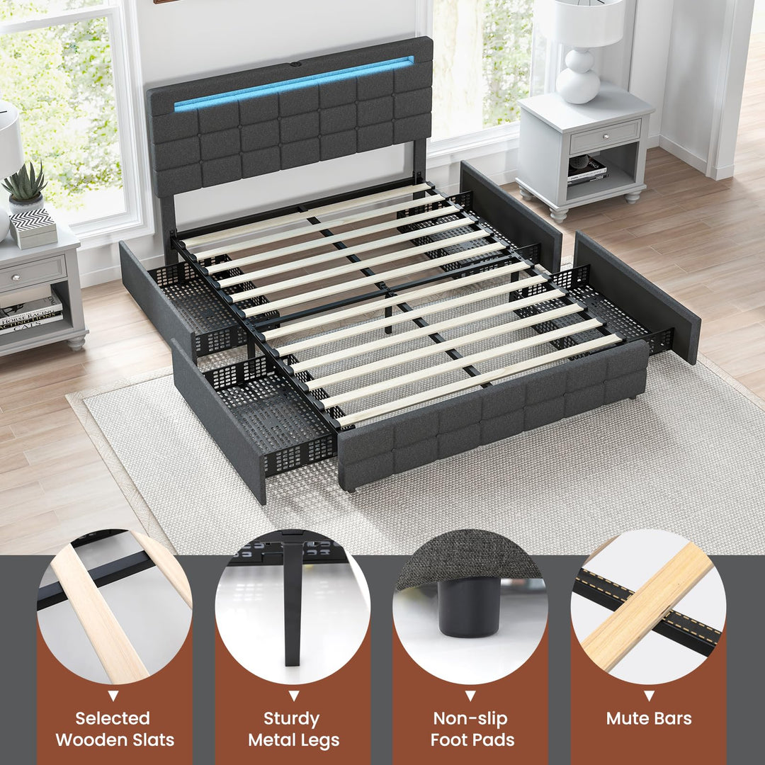 Giantex Full/Twin Size Bed Frame with LED Lights and 4 Drawers