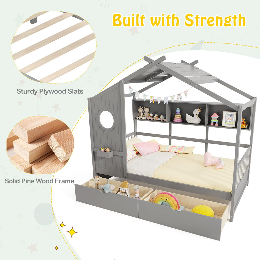 Giantex Twin House Bed with 2 Storage Drawers, Kids Bed Frame with Storage Cubes, Montessori Bed with Fence Guardrails &amp; Roof