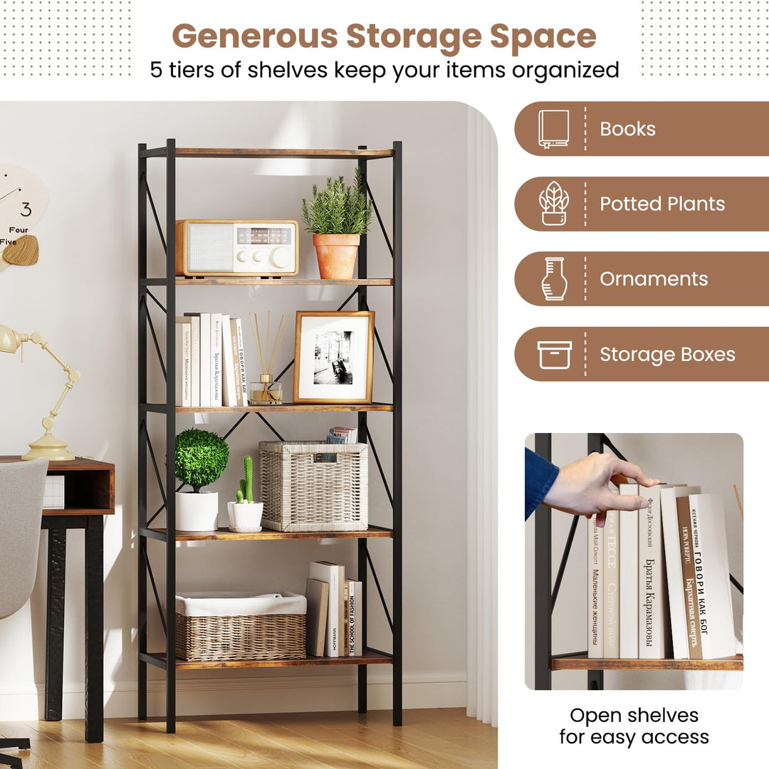 Giantex 5-Tier Bookshelf, Industrial Tall Bookcase with Open Storage Shelves &amp; Heavy Duty Metal Frame