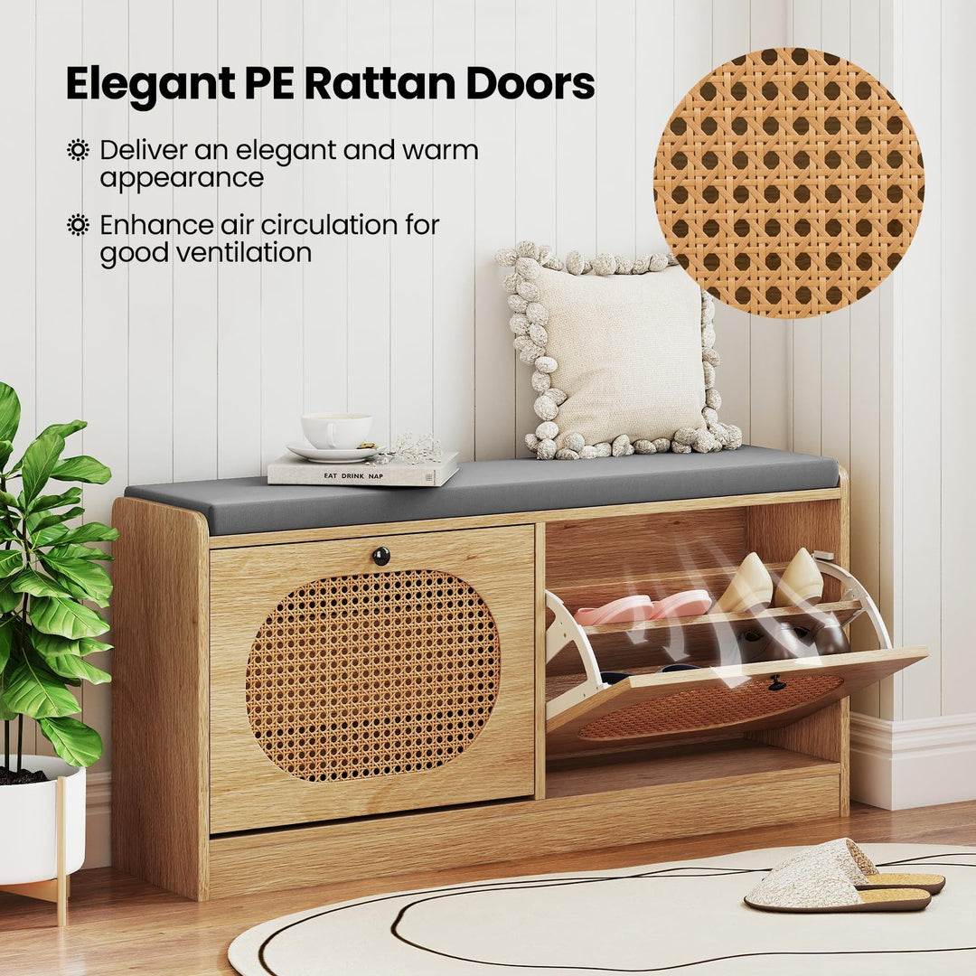 Giantex Rattan Shoe Storage Bench with 2 Flip Drawers &amp; Padded Seat Cushion