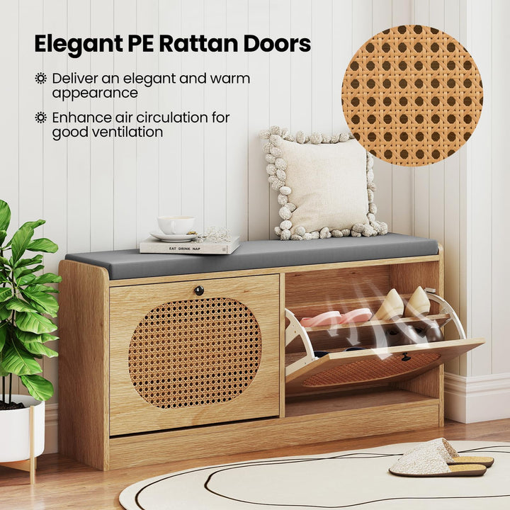 Giantex Rattan Shoe Storage Bench with 2 Flip Drawers &amp; Padded Seat Cushion